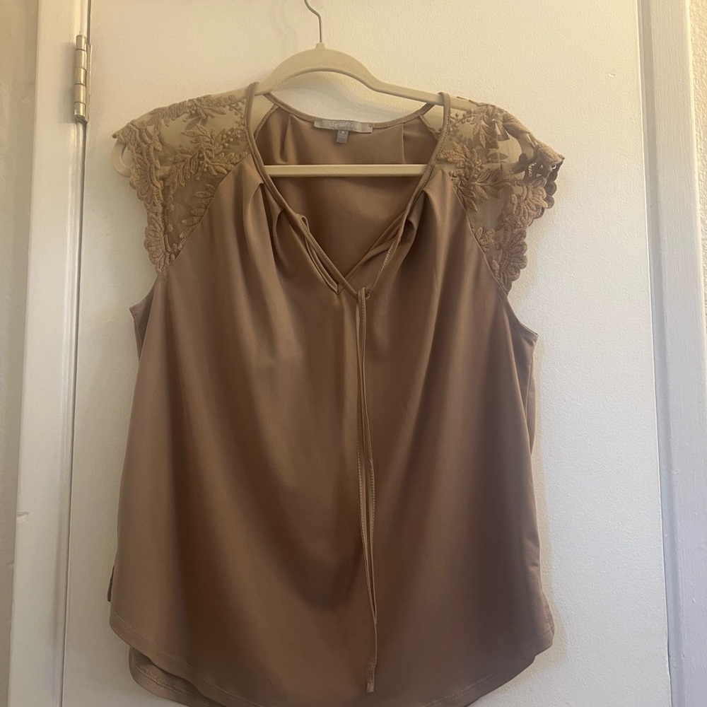 Sweet Rain Tan Lace Accent Blouse